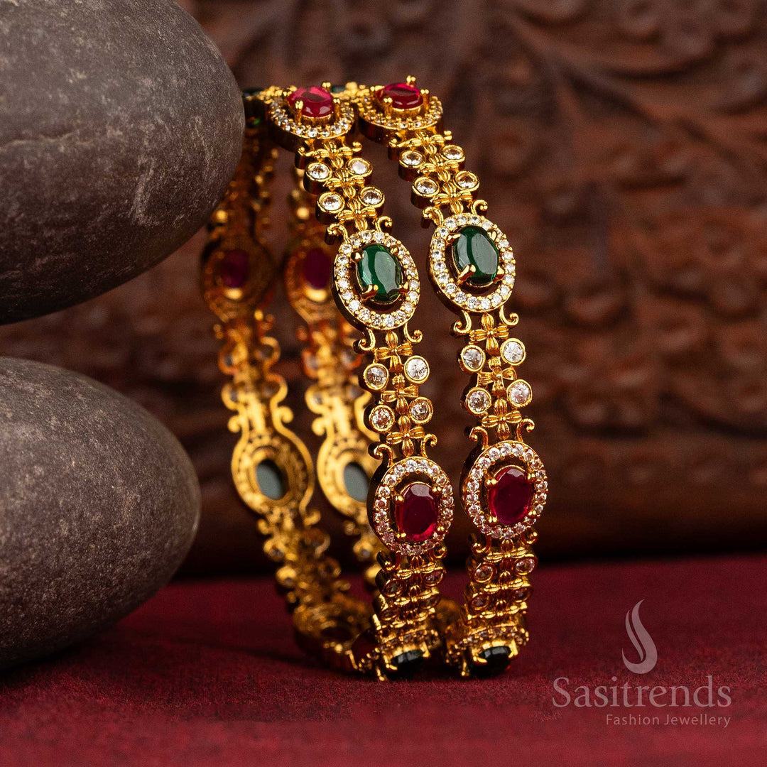 Premium Temple Matte Gold-Plated Temple Bangles with AD Stones Sasitrends