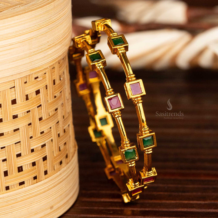 Sasitrends - Premium Temple Matte Gold Plated Square Pattern AD Bangles