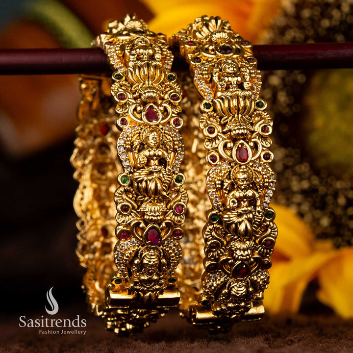 Traditional Bridal Matte Gold Plated Temple Bangles with Lakshmi Lotus Motifs - Sasitrends