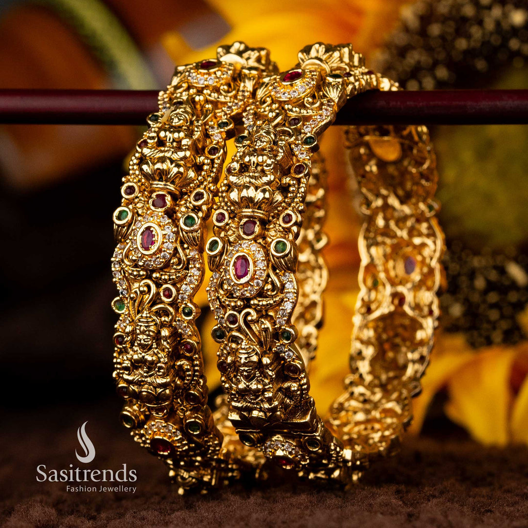 Matte gold temple bangles with ruby-green stones and American diamonds - Sasitrends