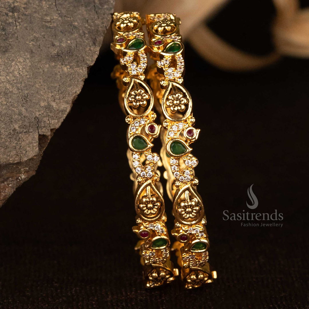 Intricate temple bangles with floral, paisley, and AD stone embellishments – Sasitrends