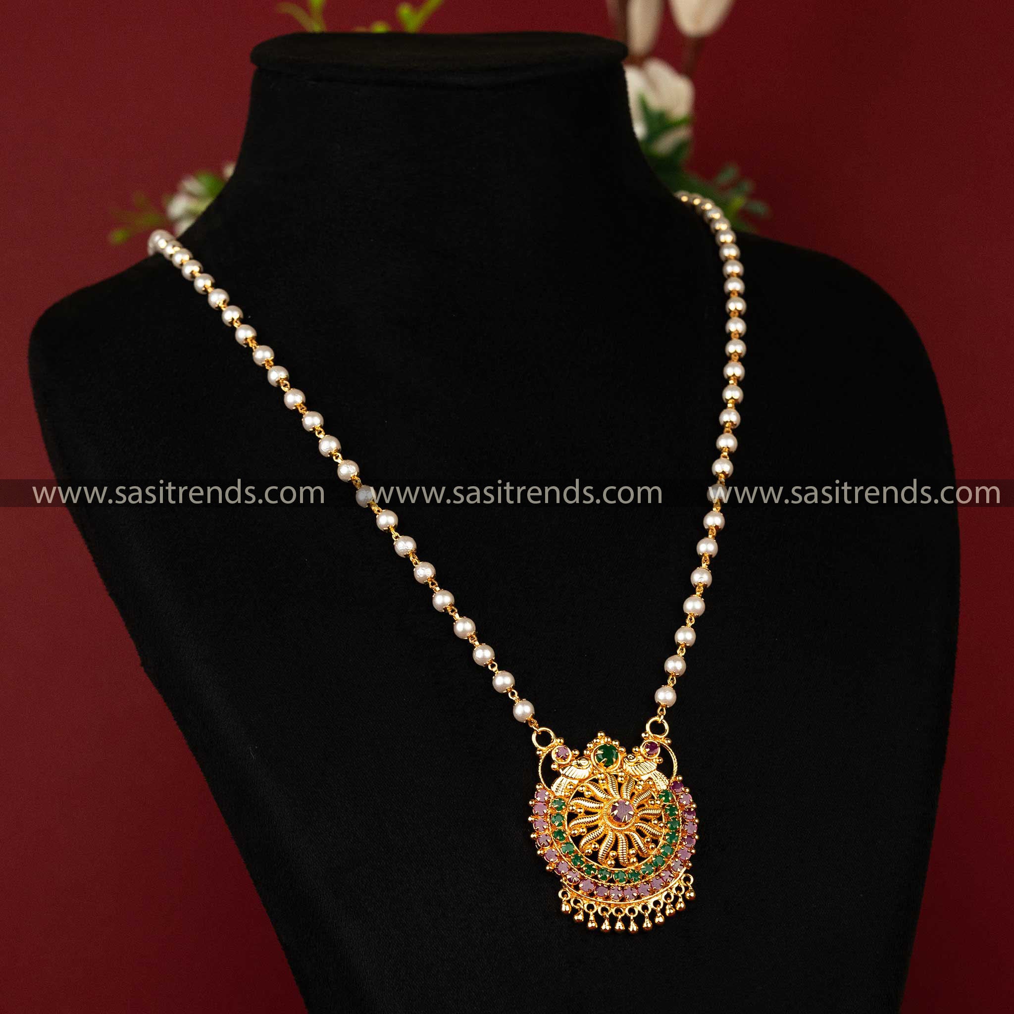 Traditional Necklace with Gold Plating and Ruby-Green Stone-Studded Pendant