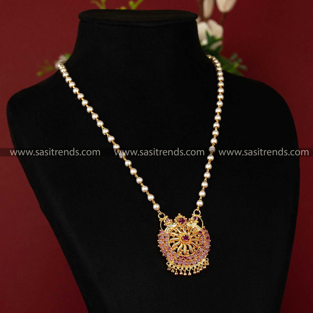 Traditional Necklace with Gold Plating and Full Ruby Stone-Studded Pendant