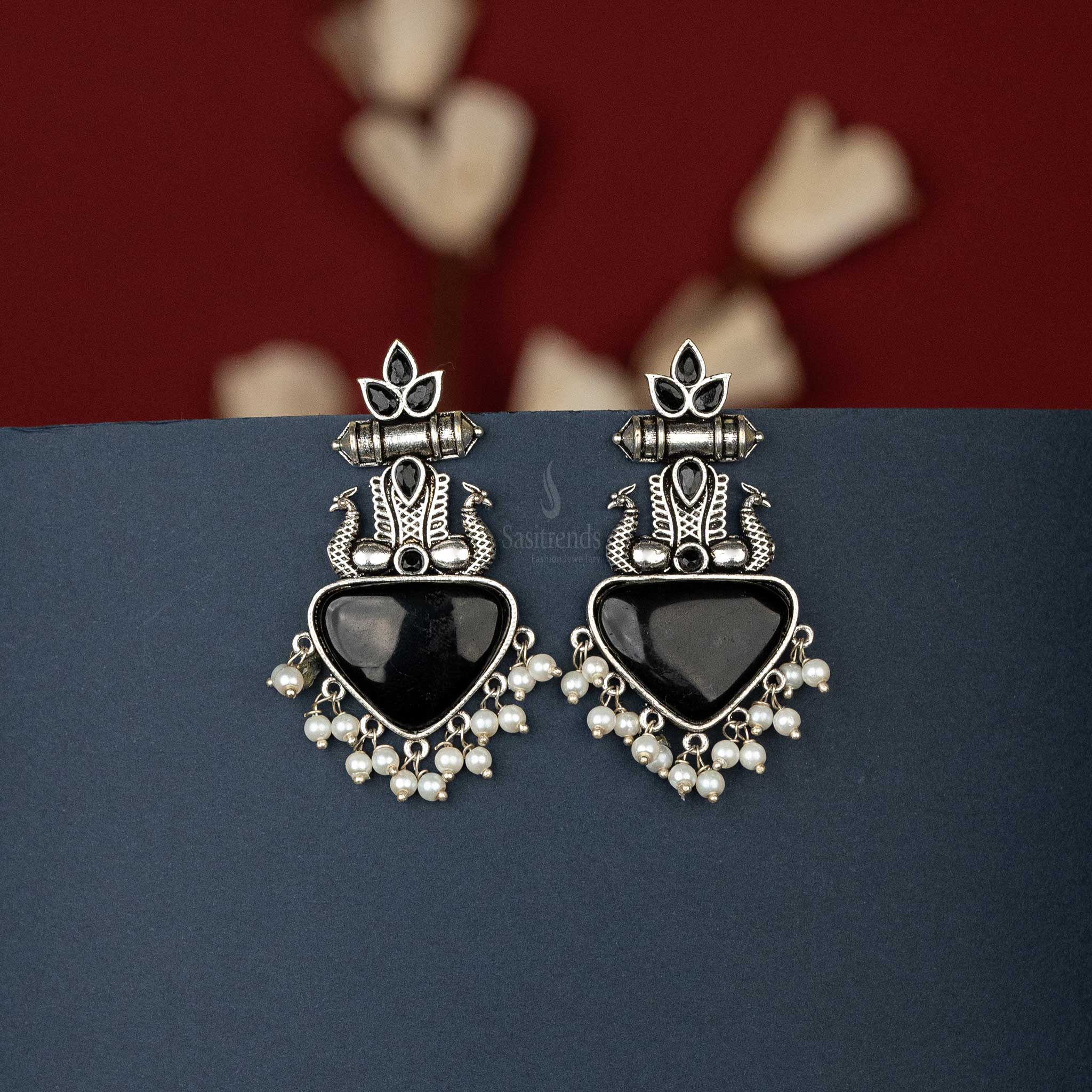 Oxidised Silver Trendy Earrings Black Cabochon Peacock Pearl Navarathiri Special Sasitrends