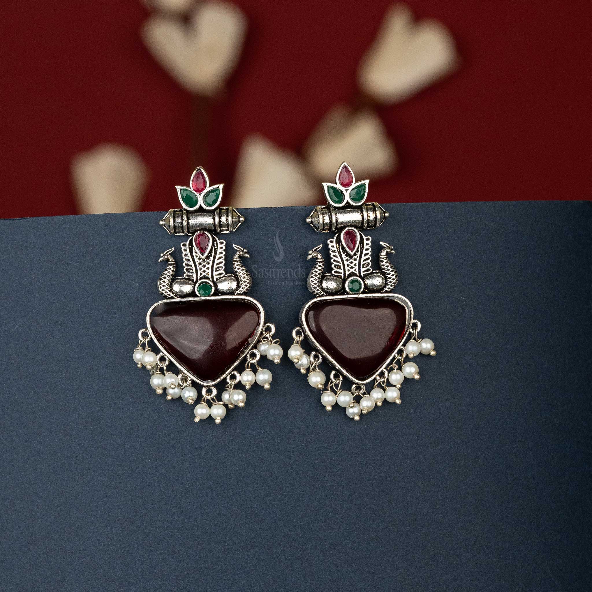 Elegant Oxidised Silver Earrings Ruby Green Cabochon Peacock Pearl Sasitrends Online Shopping