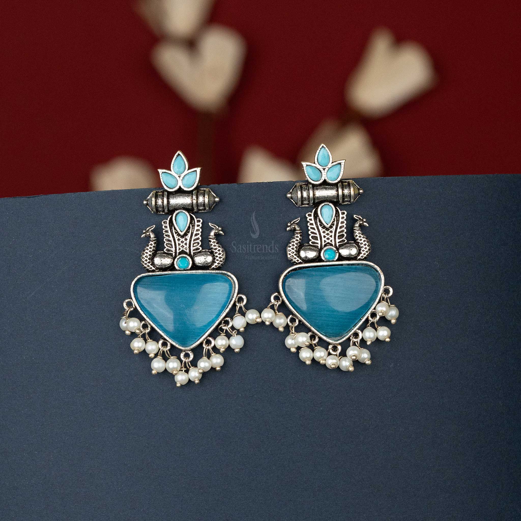 Latest Oxidised Silver Earrings Sky Blue Cabochon Peacock Pearls Sasitrends Online Shopping