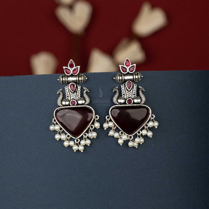 Party Wear Oxidised Silver Earrings Ruby Cabochon Peacock Pearl Sasitrends Online Shopping