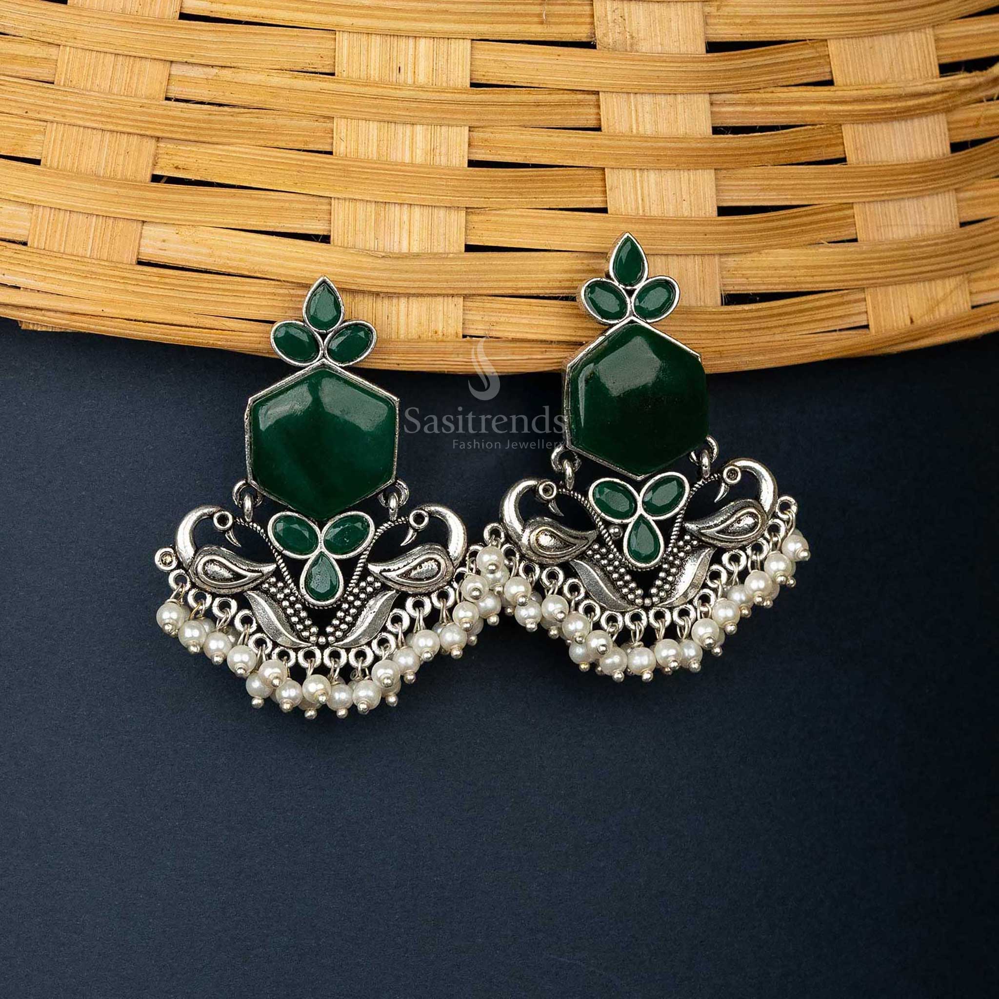 Oxidised Green Earrings with Peacock Motif and Pearls for Traditional Wear