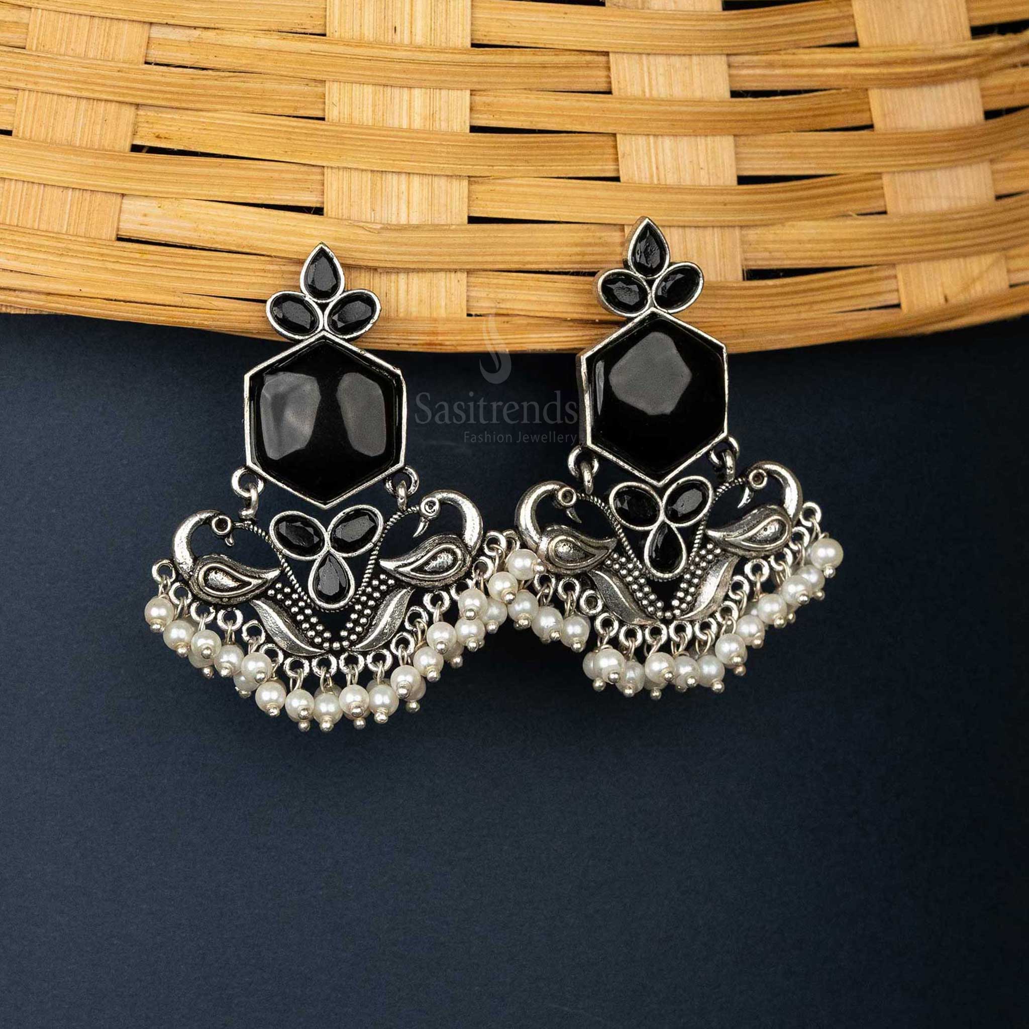 Oxidised Black Earrings with Intricate Peacock Motif for Gatherings