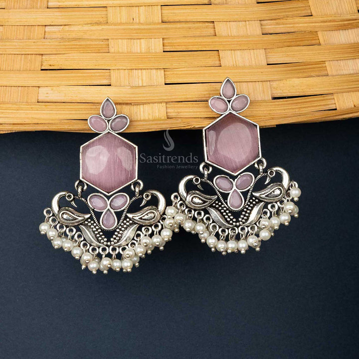 Oxidised Pink Earrings with Peacock Motif and Pearls for Ethnic Wear