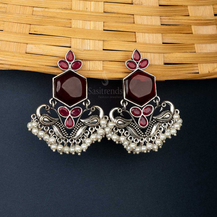 Oxidised Ruby Earrings with Peacock Design and Pearls for Navratri