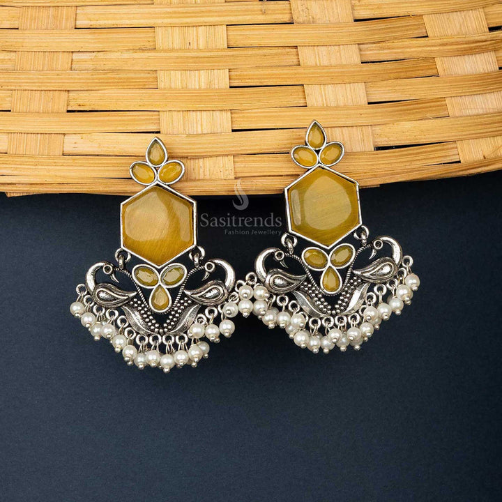 Oxidised Yellow Earrings with Peacock Design and Pearls for Festive Occasions