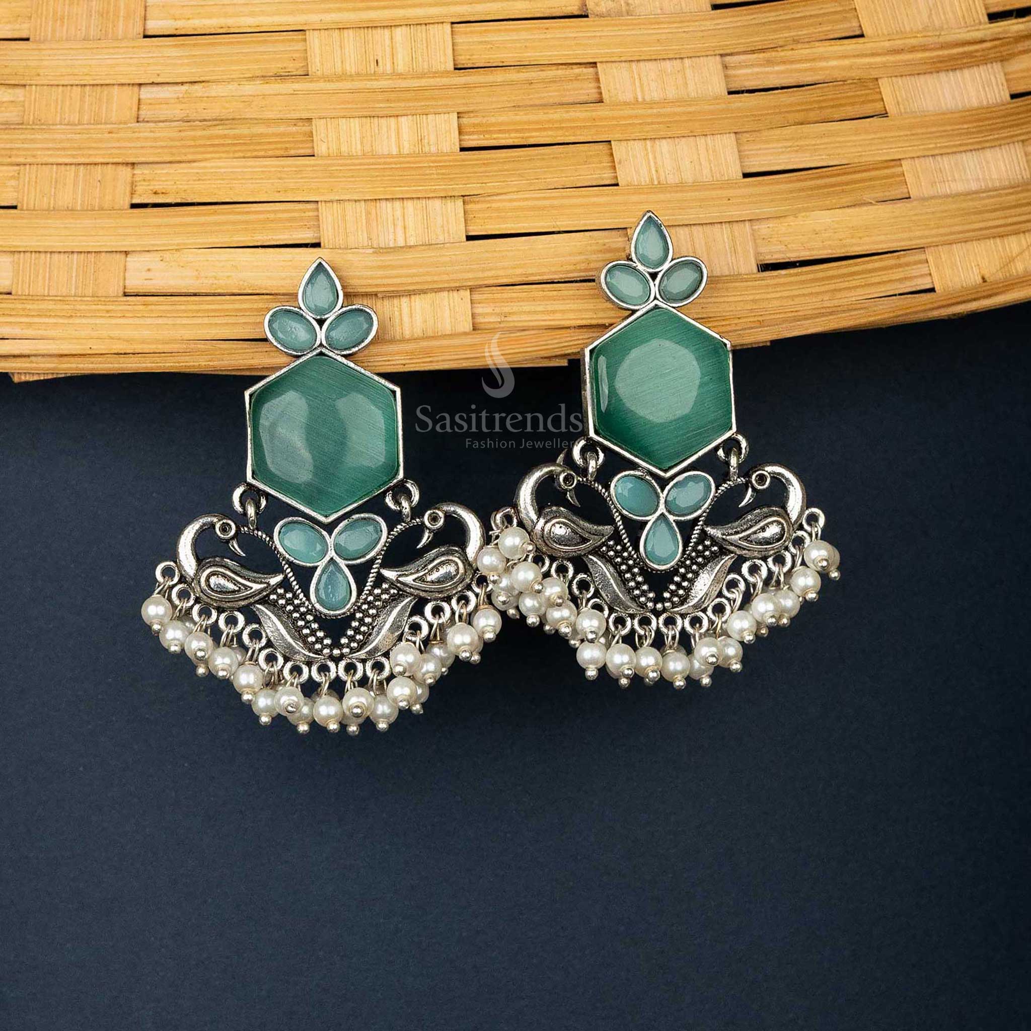 Oxidised Mint Earrings with Intricate Peacock Motif for Festive Wear