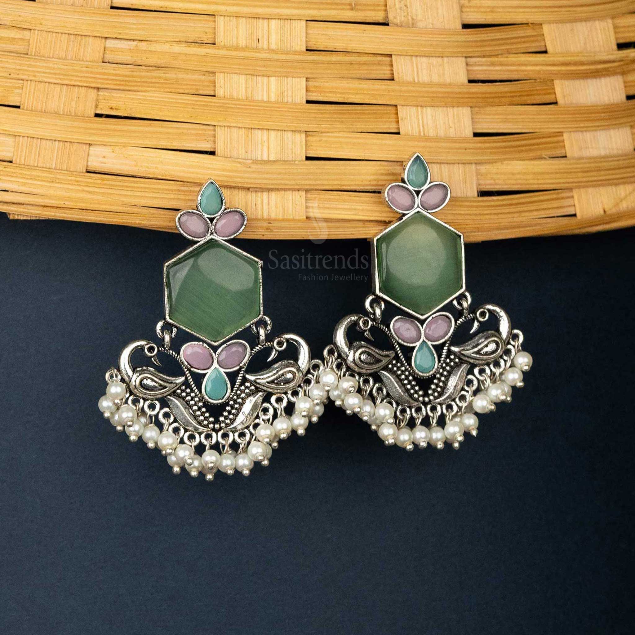 Trendy Oxidised Mint Pink Peacock Pearl Earrings Navarathiri Special Sasitrends Online Shopping