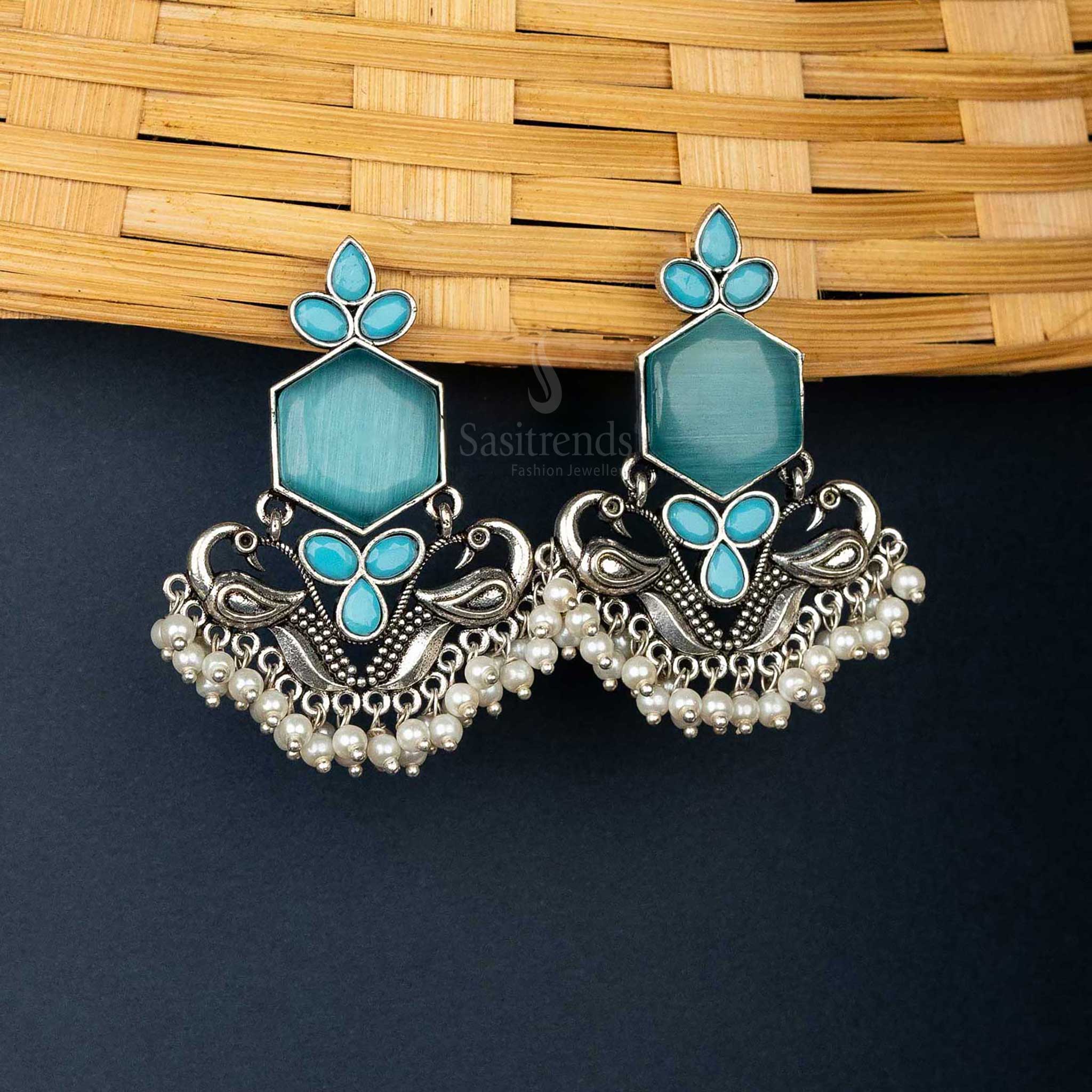 Oxidised Sky Blue Earrings with Intricate Peacock Motif for Special Occasions