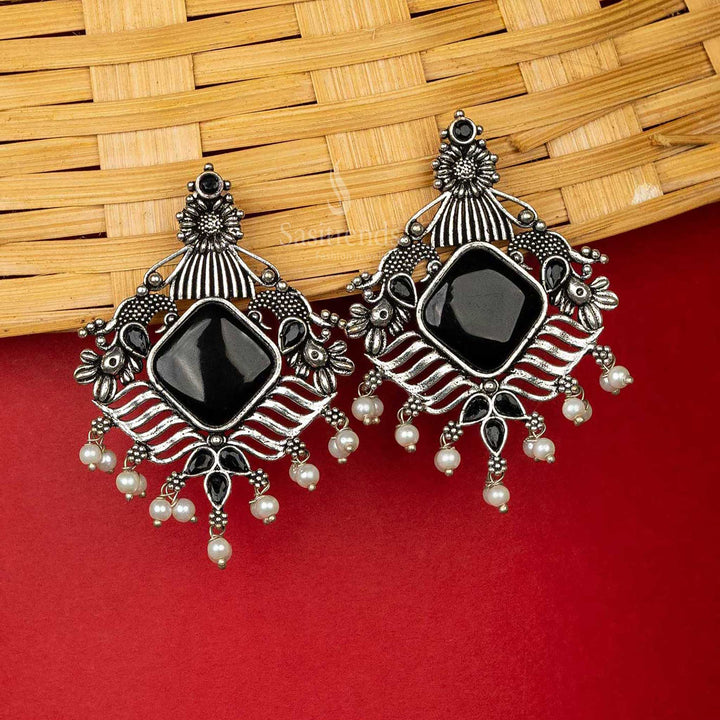 Black Oxidised Silver Earrings Pearl Navaratri Special Sasitrends Online Shopping