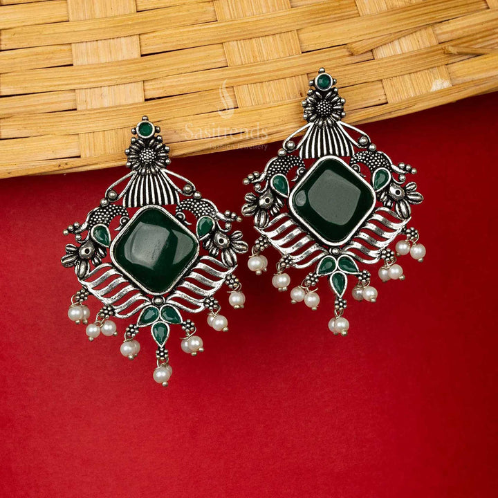 Green Oxidised Silver Earrings Pearl Navarathiri Special Sasitrends Online Shopping