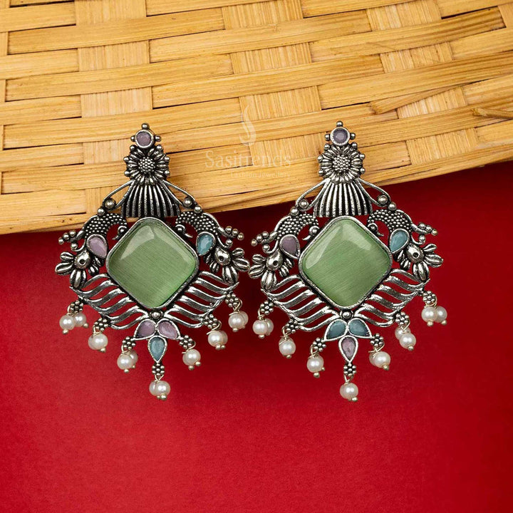 Mint Pink Oxidised Silver Earrings Pearl Sasitrends Online Shopping