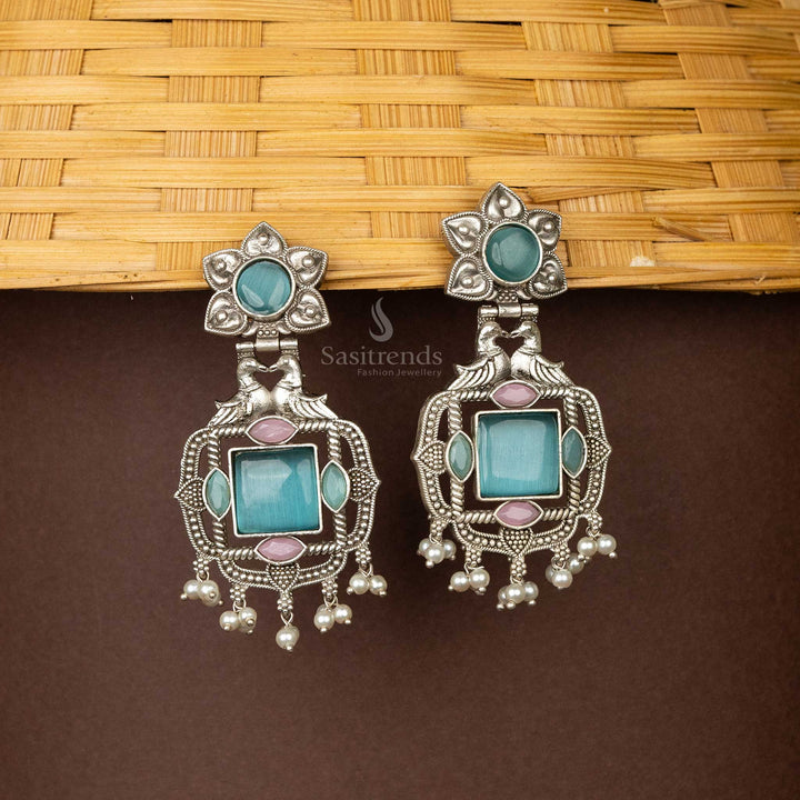 Sasitrends - Elegant Square-Shaped Oxidised Silver Replica Earrings with Pearl Hangings