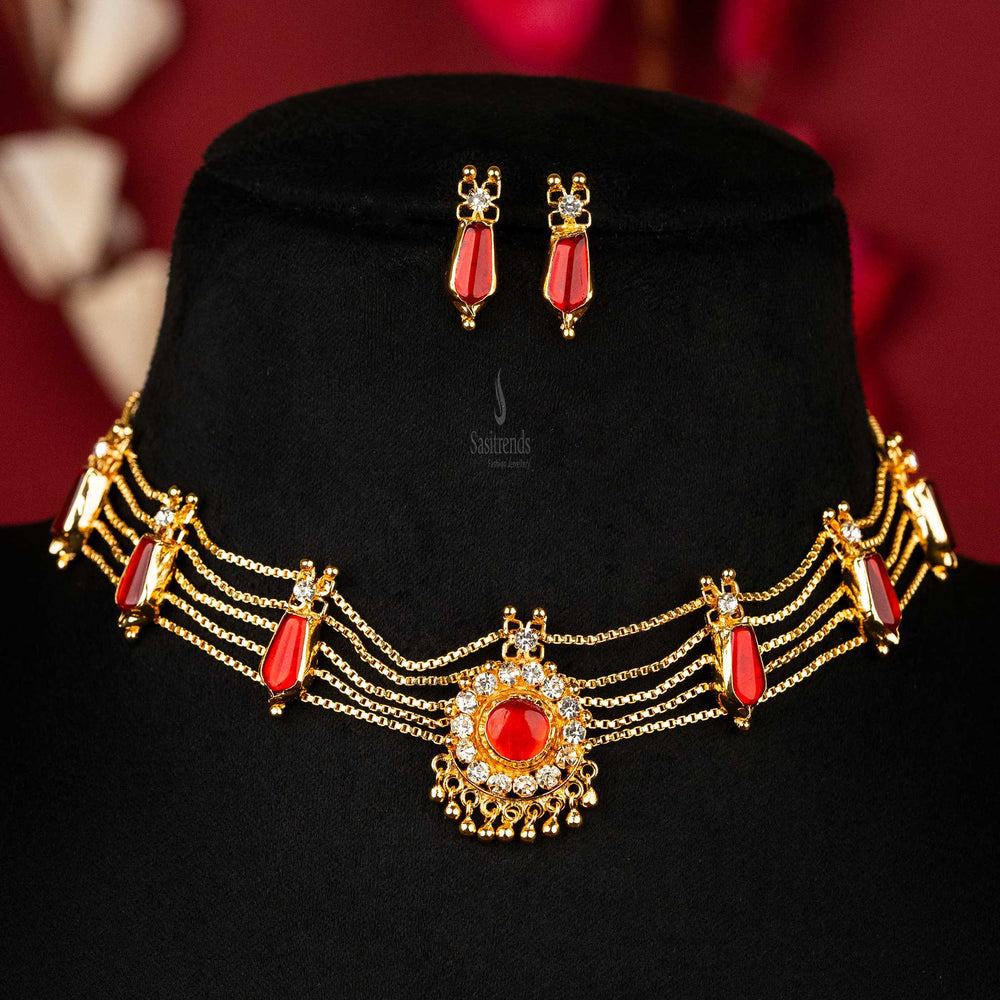 Elegant Red Nagapadam Choker Necklace with White Stones and Kerala Design Earrings - Authentic One Gram Micro Gold Plated Jewellery