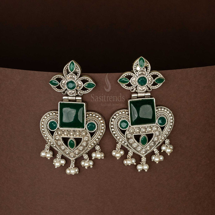 Green Stone Heart Shapped Oxidised Silver Replica Earrings Navarathiri Special Sasitrends