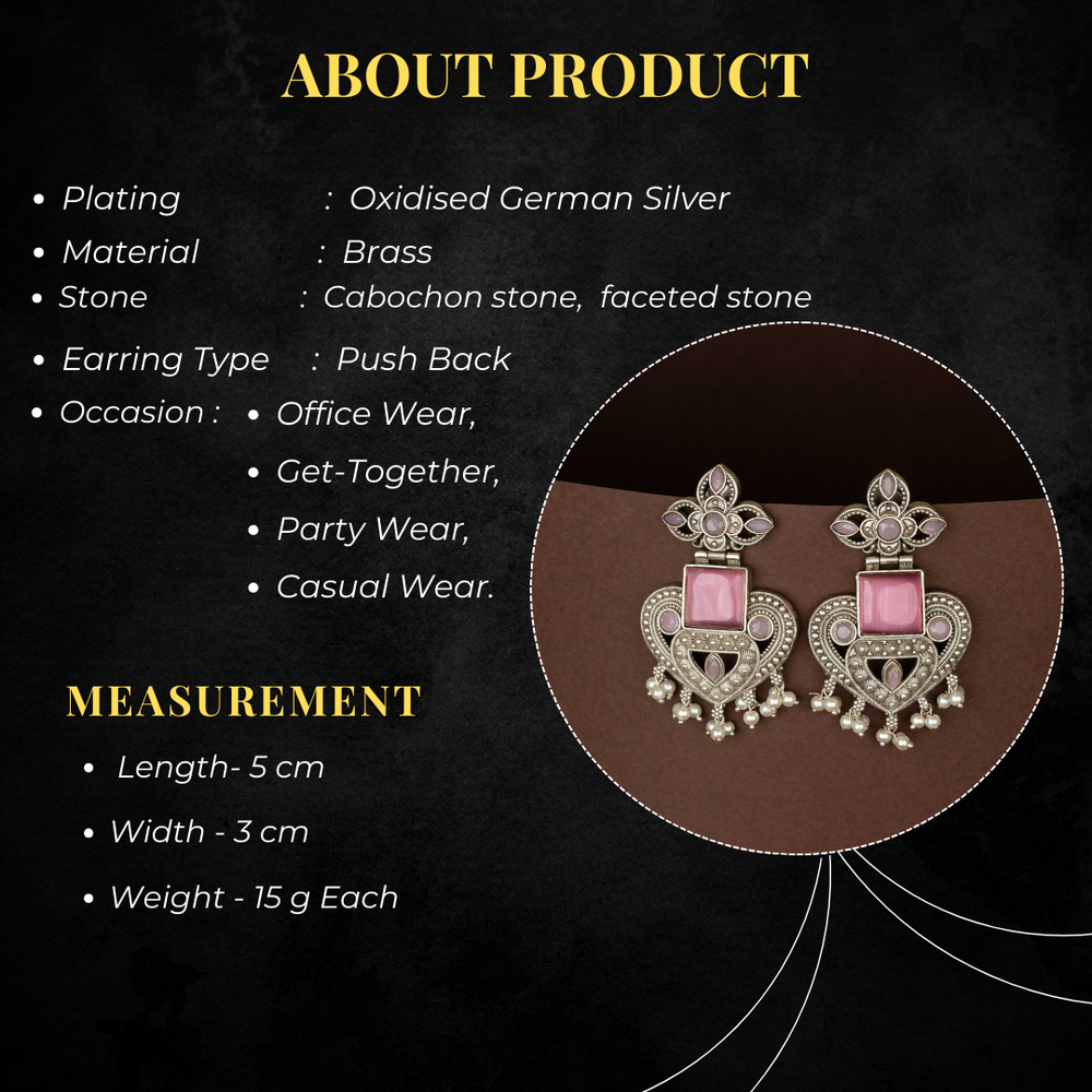 Oxidised Silver Replica Heart Shaped Cabochan Stone Stud Earrings Measurement Details