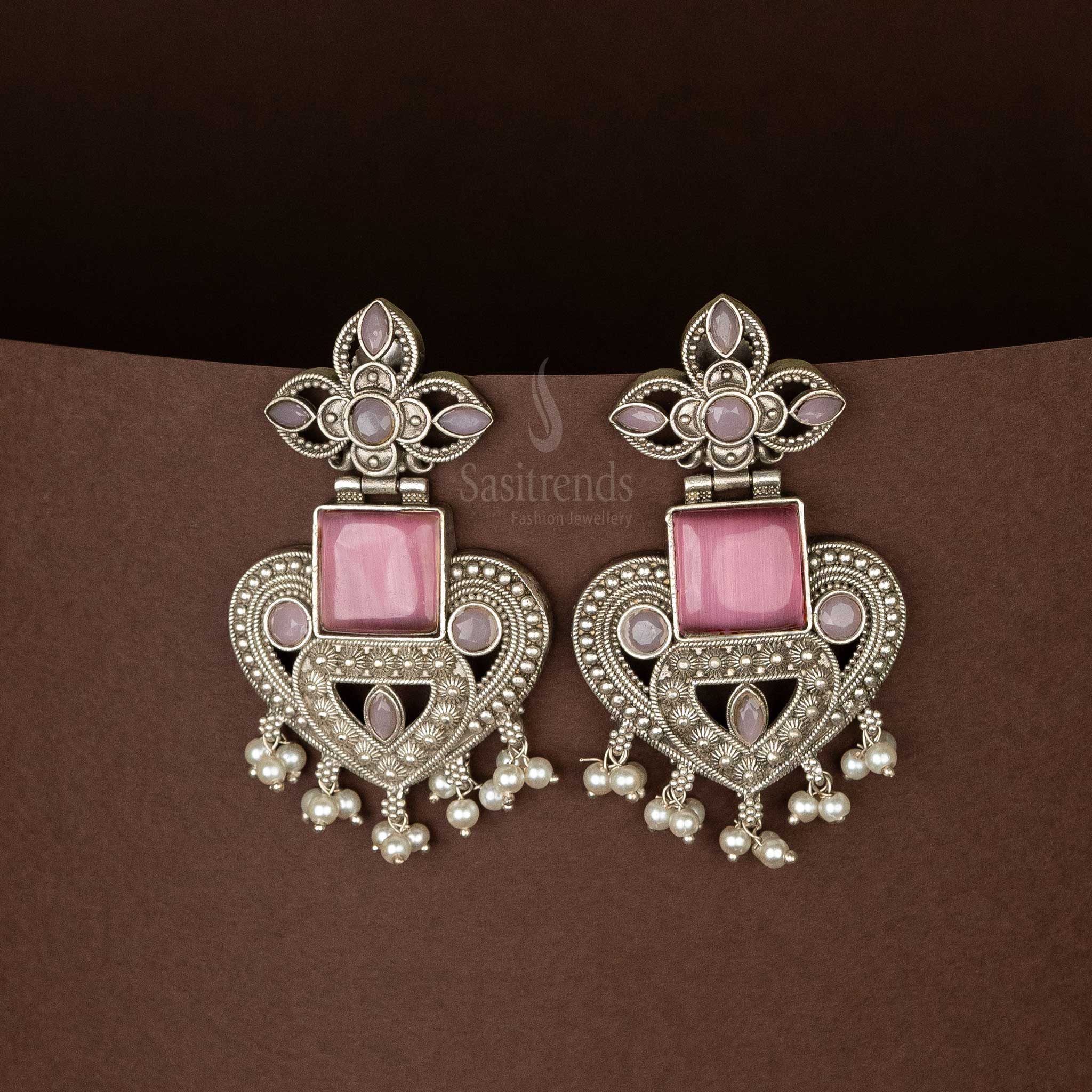 Pink Oxidised Silver Replica Heart Shapped Earrings Navarathiri Special Sasitrends Online