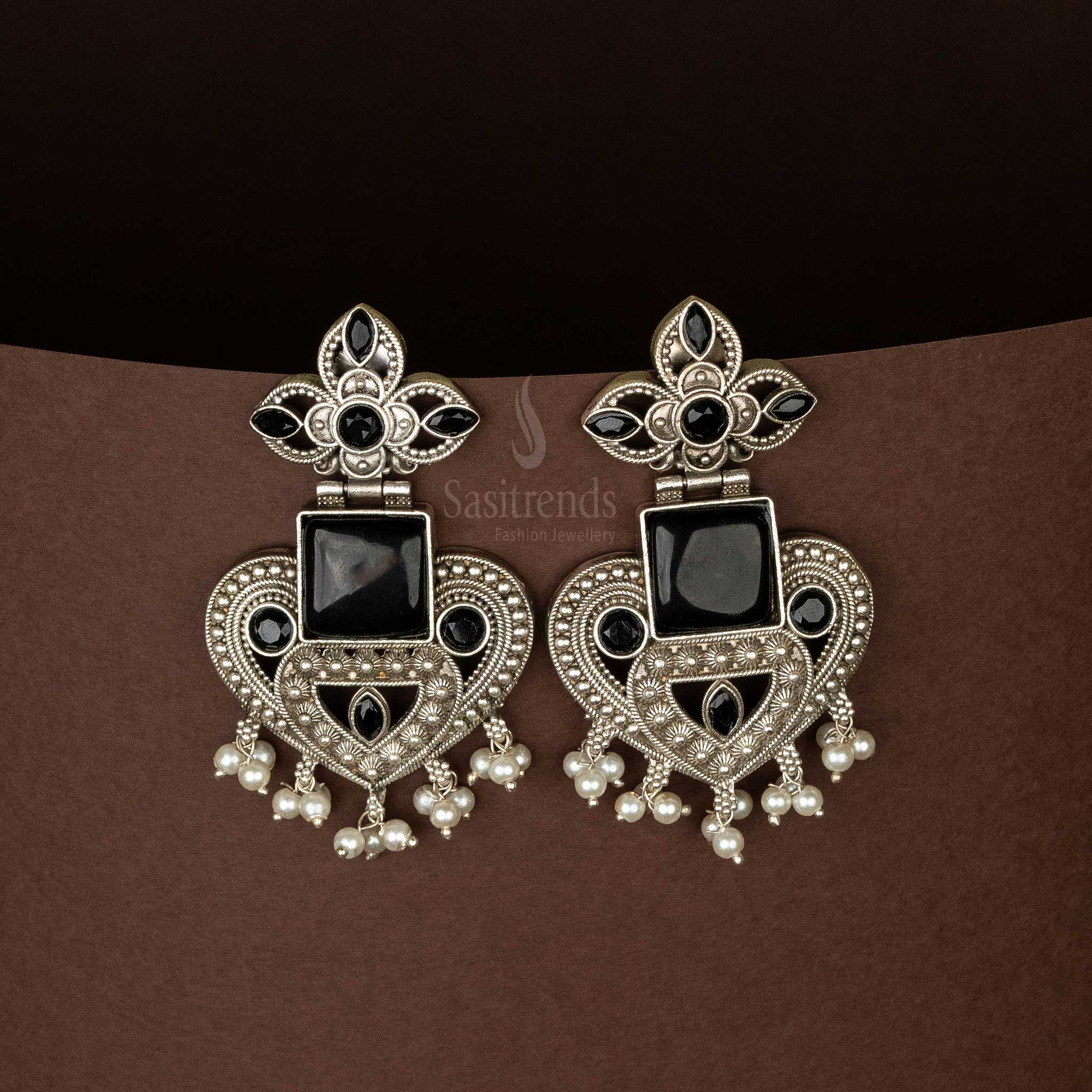 Trendy Black Oxidised Stone Silver Replica Earrings Sasitrends Online Shopping