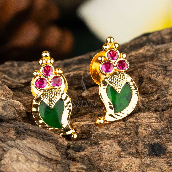 Traditional Micro Gold Plated Three Stone Head Palakka Mango Screw Type Earrings | Sasitrends