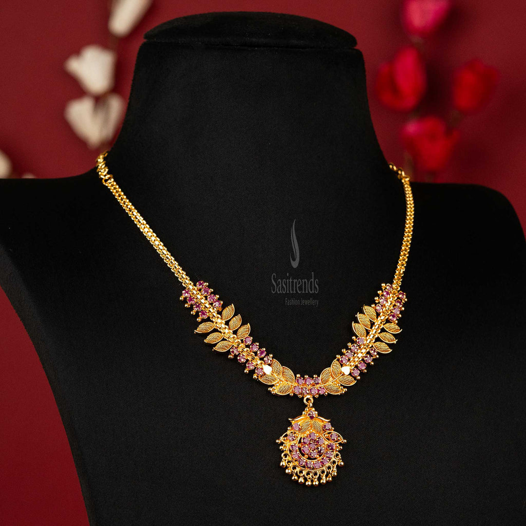 One Gram Gold Plated Necklace with Ruby AD Stones and Golden Balls