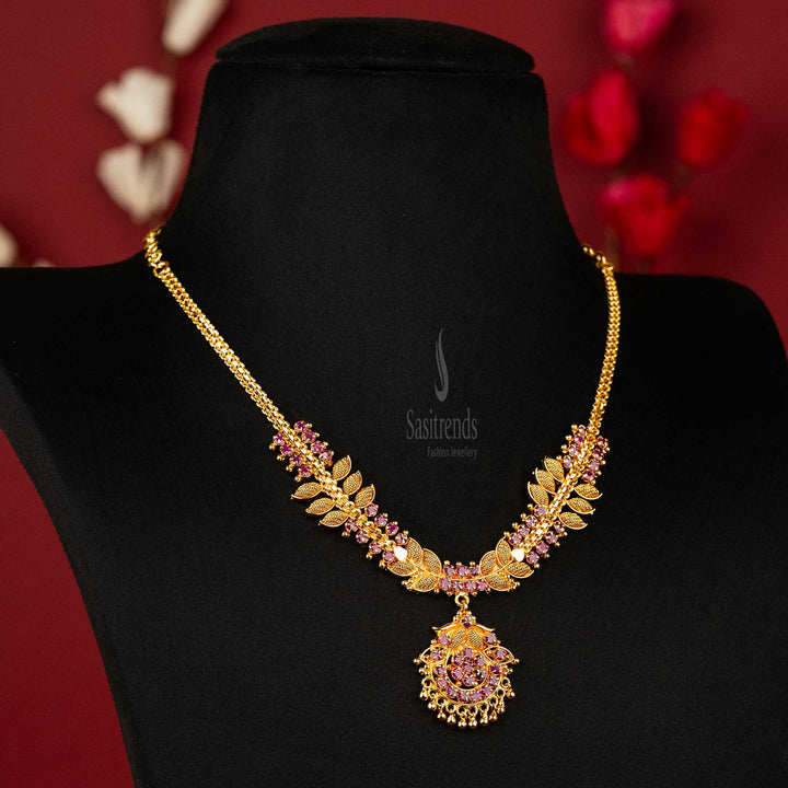 One Gram Gold Plated Necklace with Ruby AD Stones and Golden Balls