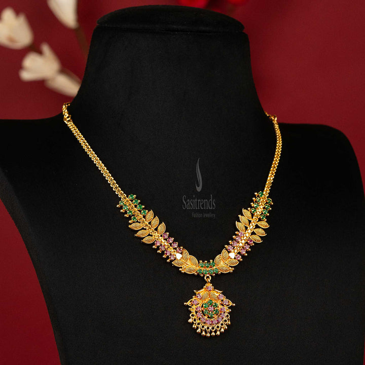 Leaf Design Necklace with Green AD Stones and Golden Balls