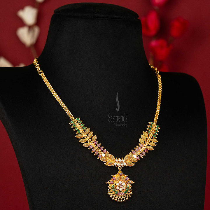 Traditional Necklace with Multi-Color AD Stones and Hanging Golden Balls