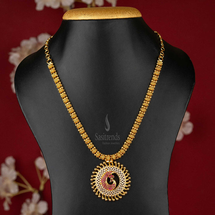 One Gram Micro Gold-Plated Peacock Motif Necklace with American Diamond Stone Studded Pendant | Sasitrends