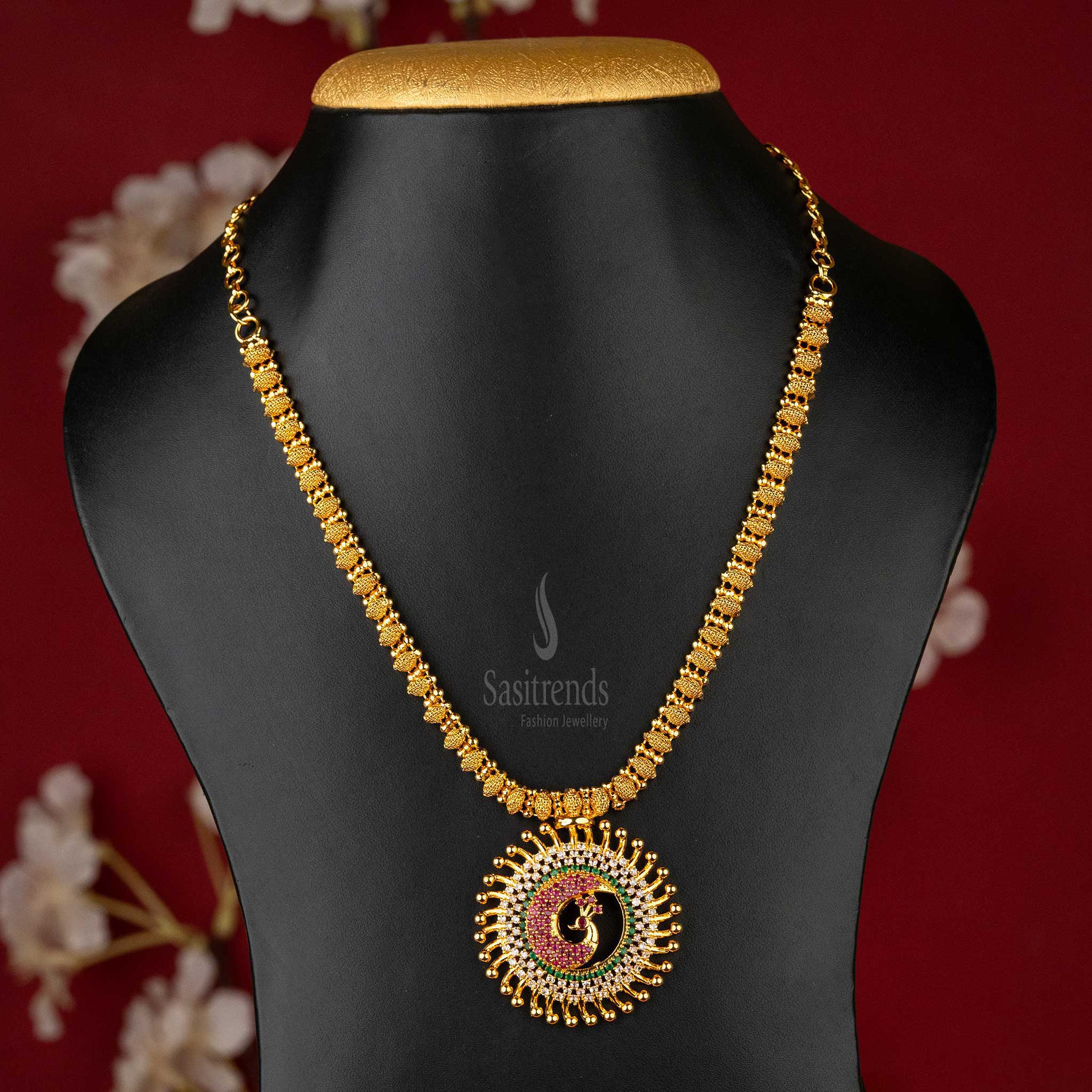 Traditional Multi-Color AD Stone Peacock Necklace with Golden Ball Accents