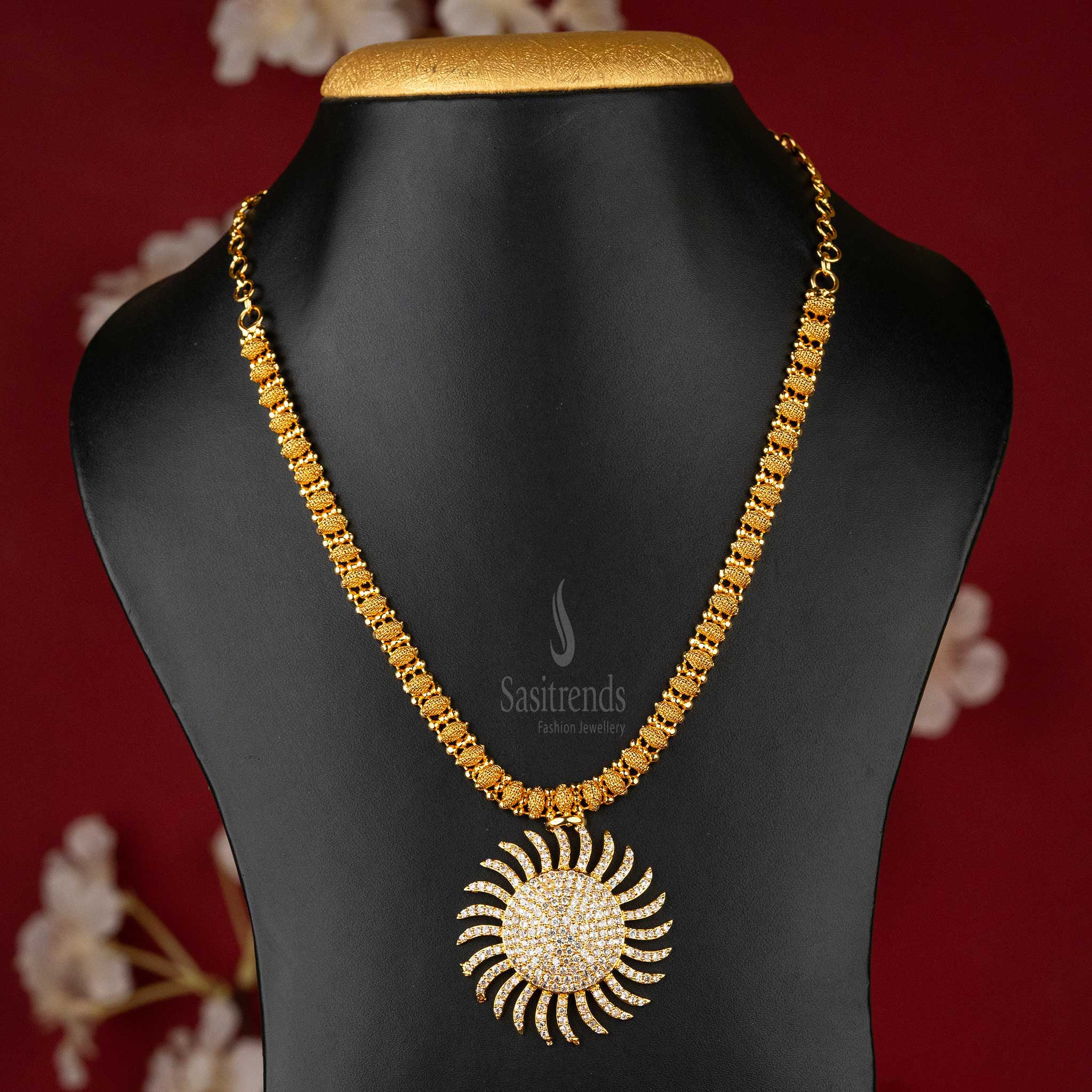 Guaranteed Gold-Plated Sunburst Pendant Necklace with White AD Stones