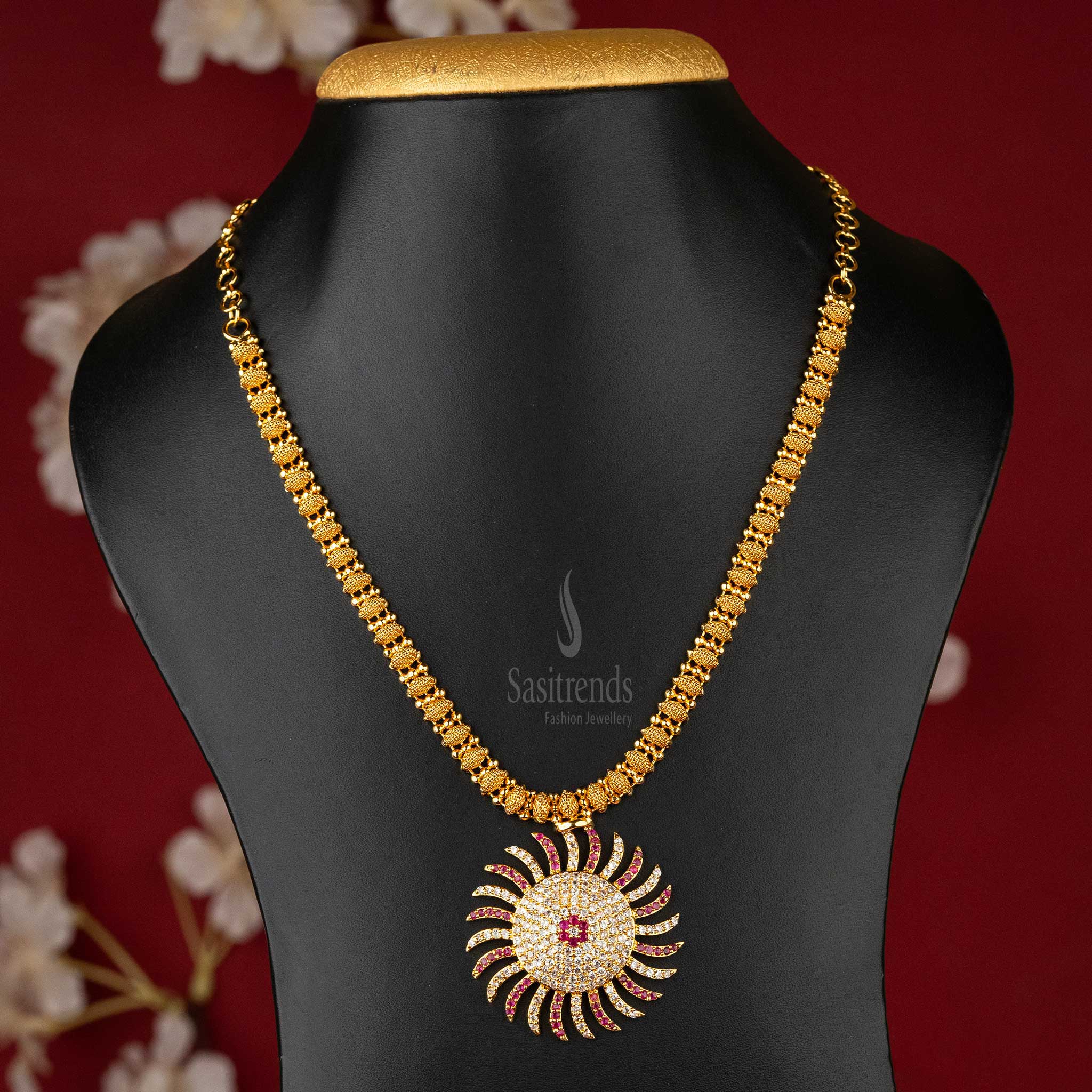 One Gram White-Ruby Stone Sunburst Necklace with Golden Balls