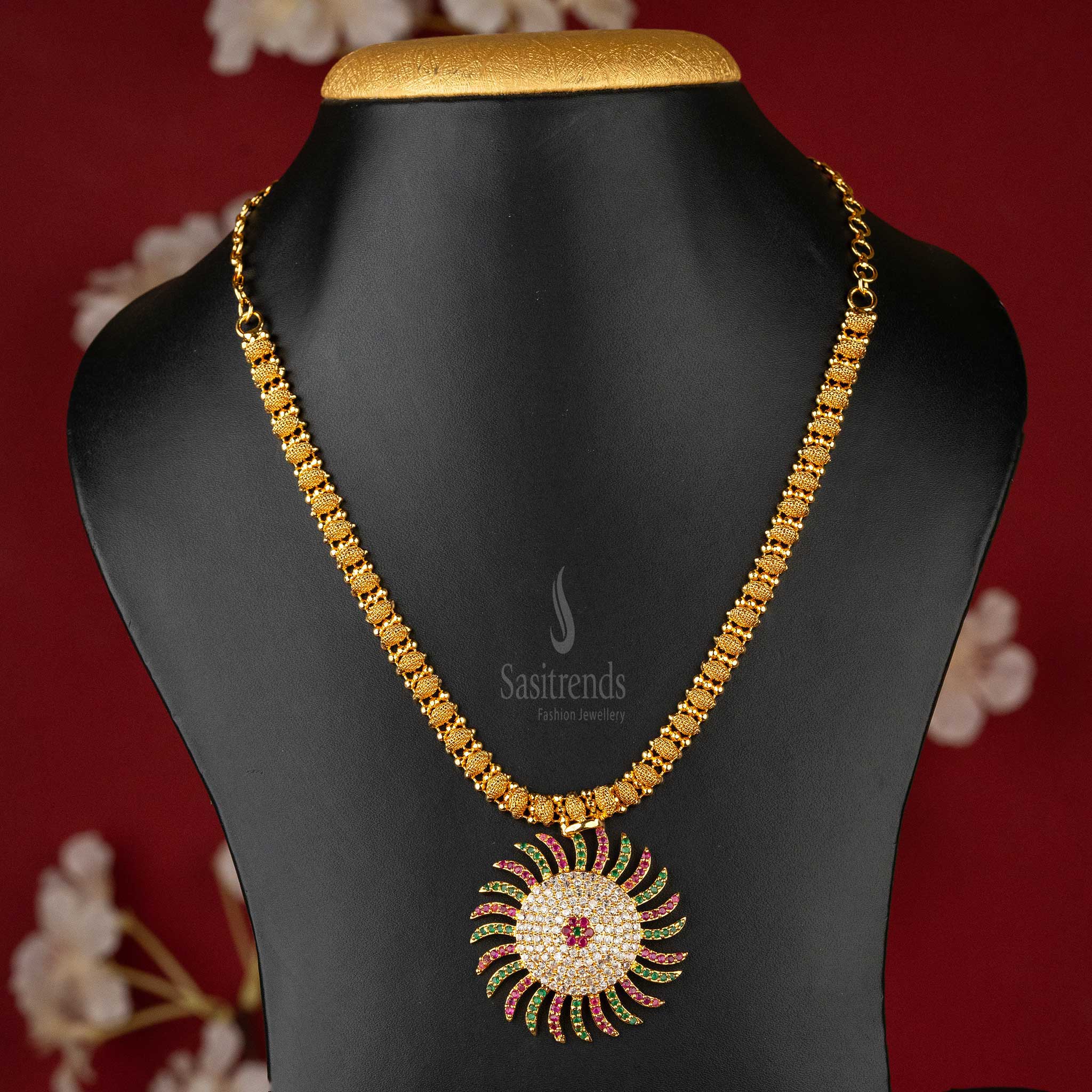 Guaranteed Gold-Plated Sunburst Pendant Necklace with Multi-Color AD Stones