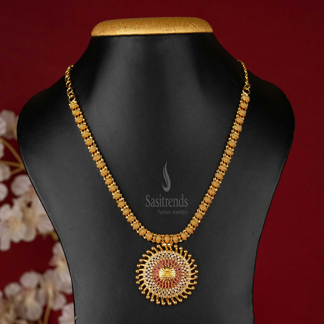 Lakshmi Sunburst Pendant Necklace with AD Stones - White-Ruby