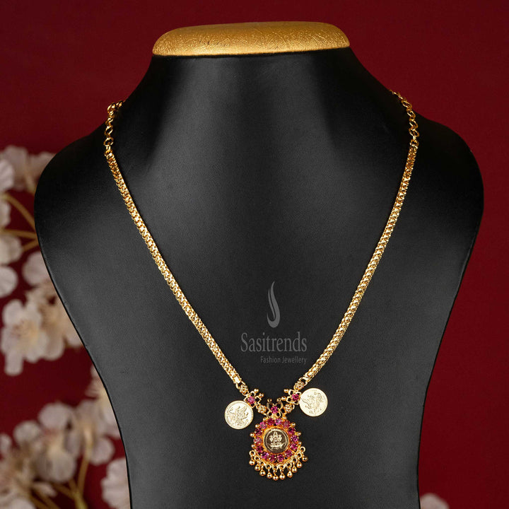 Traditional Lakshmi Motif Step Coin Necklace with Pink Stones and Golden Balls - Kerala Jewellery