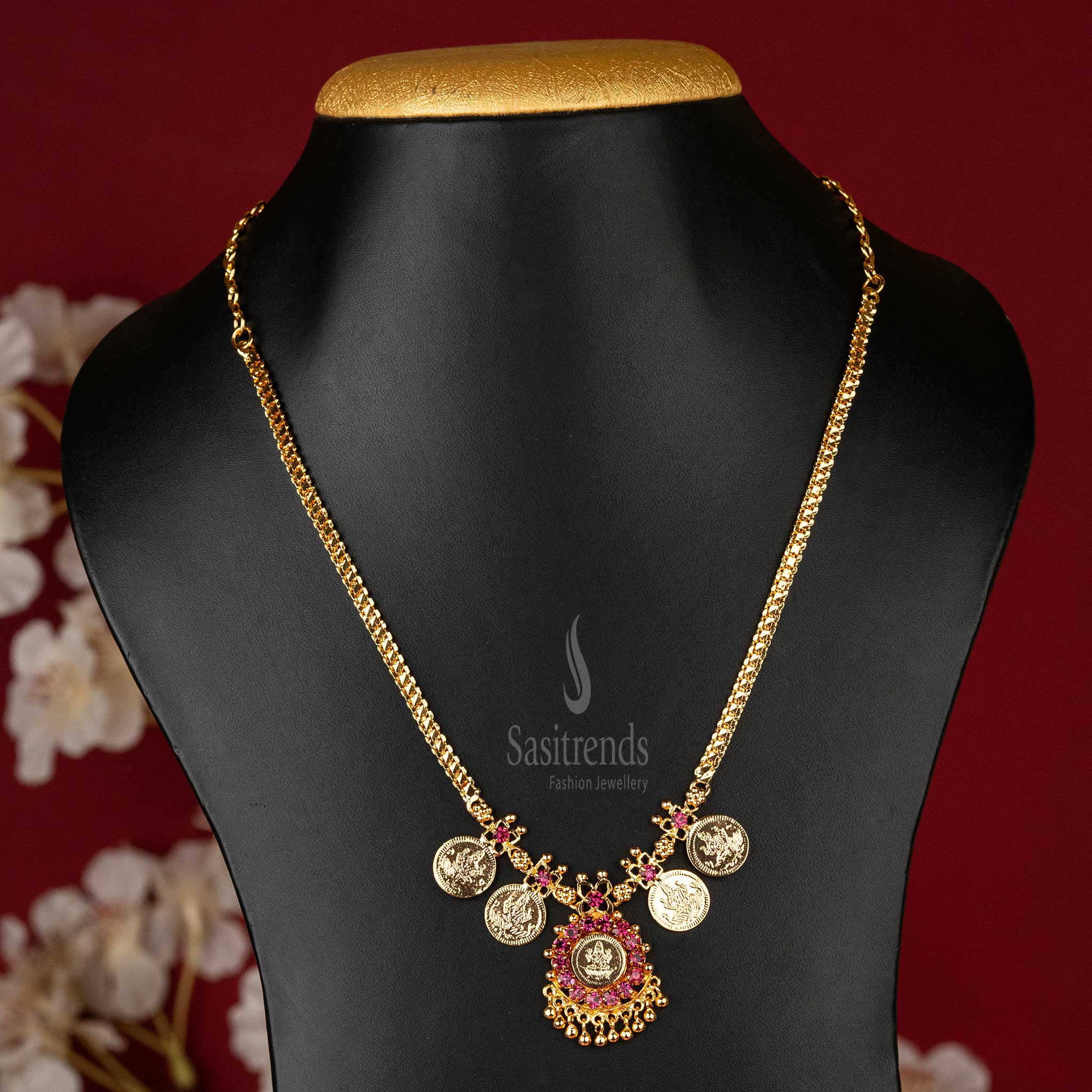 Kerala Lakshmi Motif Step Coin Necklace - Micro Gold Plated with Pink AD Stones and Flexible Chain