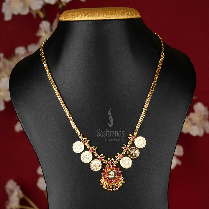 Elegant Kerala Step Coin Necklace Featuring Lakshmi Motif and Pink AD Stones with Golden Balls