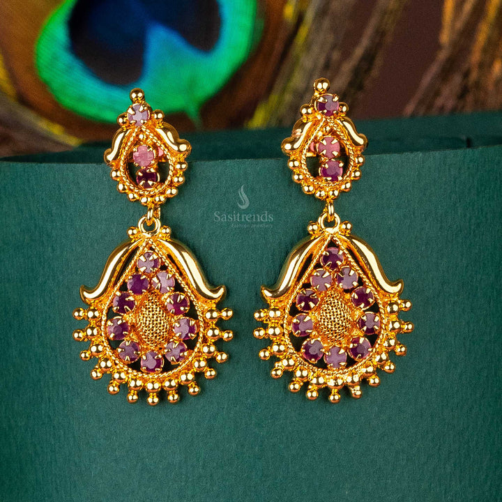 Beautiful one gram micro gold plated ruby ad stone stud floral motif earrings sasitrends