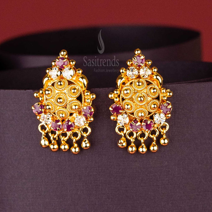 Elegant ruby-white stud earrings with floral design, micro gold plated