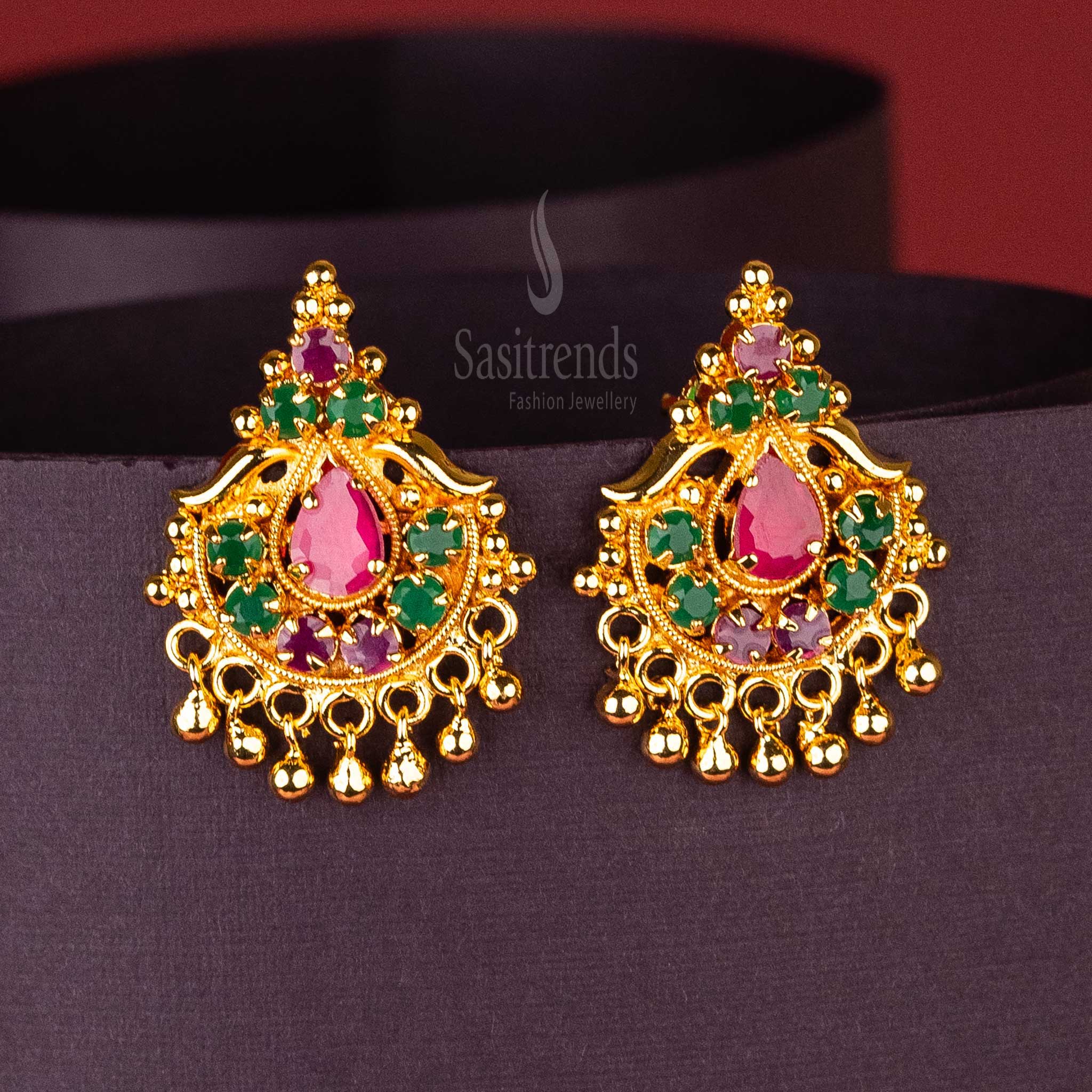 Traditional Ruby-Green earrings with golden drops