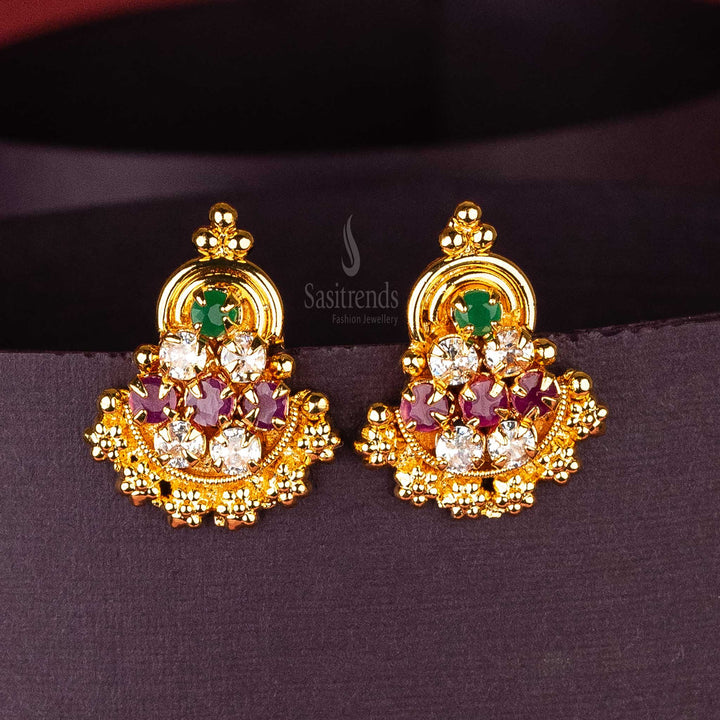 Elegant Micro Gold Plated Multi AD Stone Studded Floral Designer Earrings