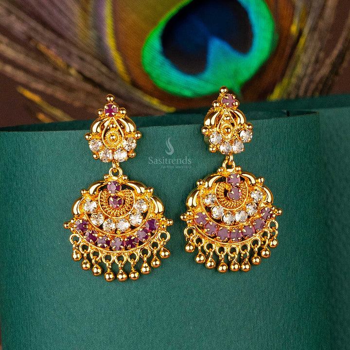 Beautiful one gram micro gold plated white ruby ad stone stud floral motif earrings sasitrends