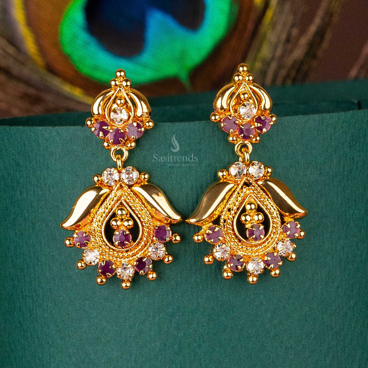 Beautiful one gram micro gold plated white ruby ad stone stud motif earrings sasitrends