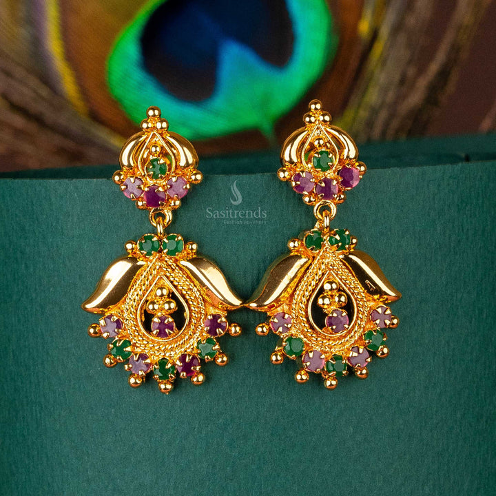 Traditional micro gold plated motif ruby green ad stone stud earrings sasitrends