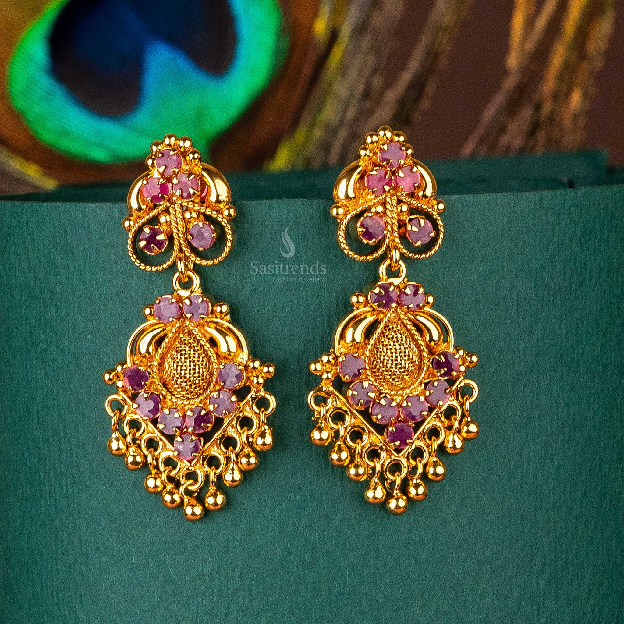 Beautiful one gram micro gold plated ruby ad stone stud floral motif earrings sasitrends